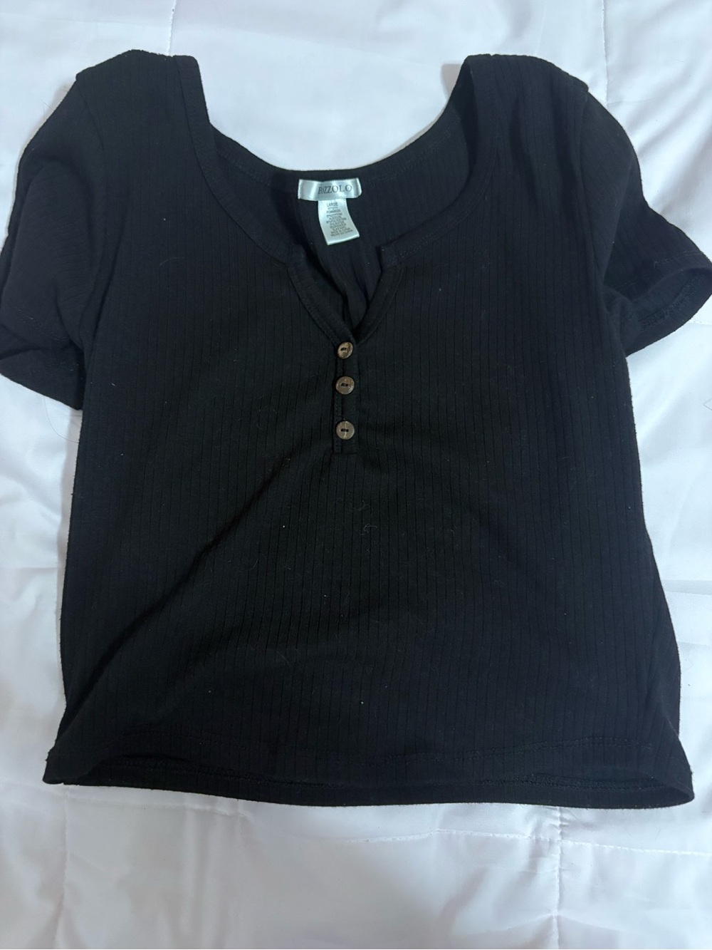 Black Ribbed Henley Short Sleeve Tee - Women's Casual Top